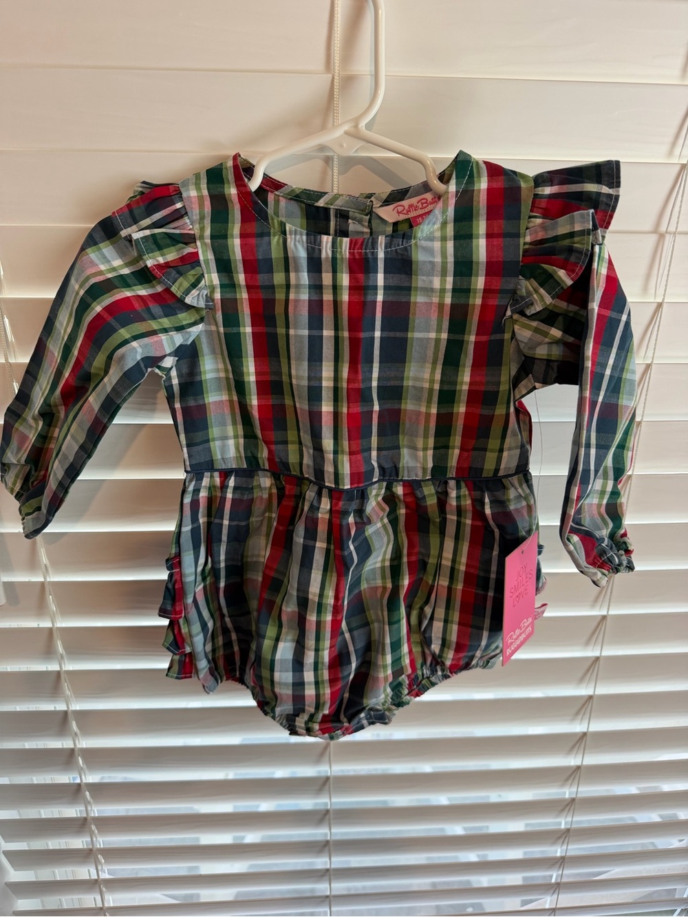 Ruffle Butts Plaid Romper in Red, Green, Blue